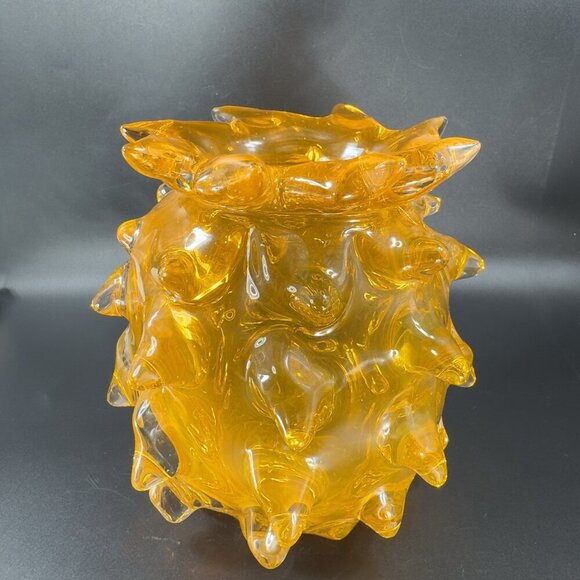 Brutalist Lazy Susan Amber Art Glass Thorn Vase Heavy Glass Vase Vessel Decor - Picture 16 of 16